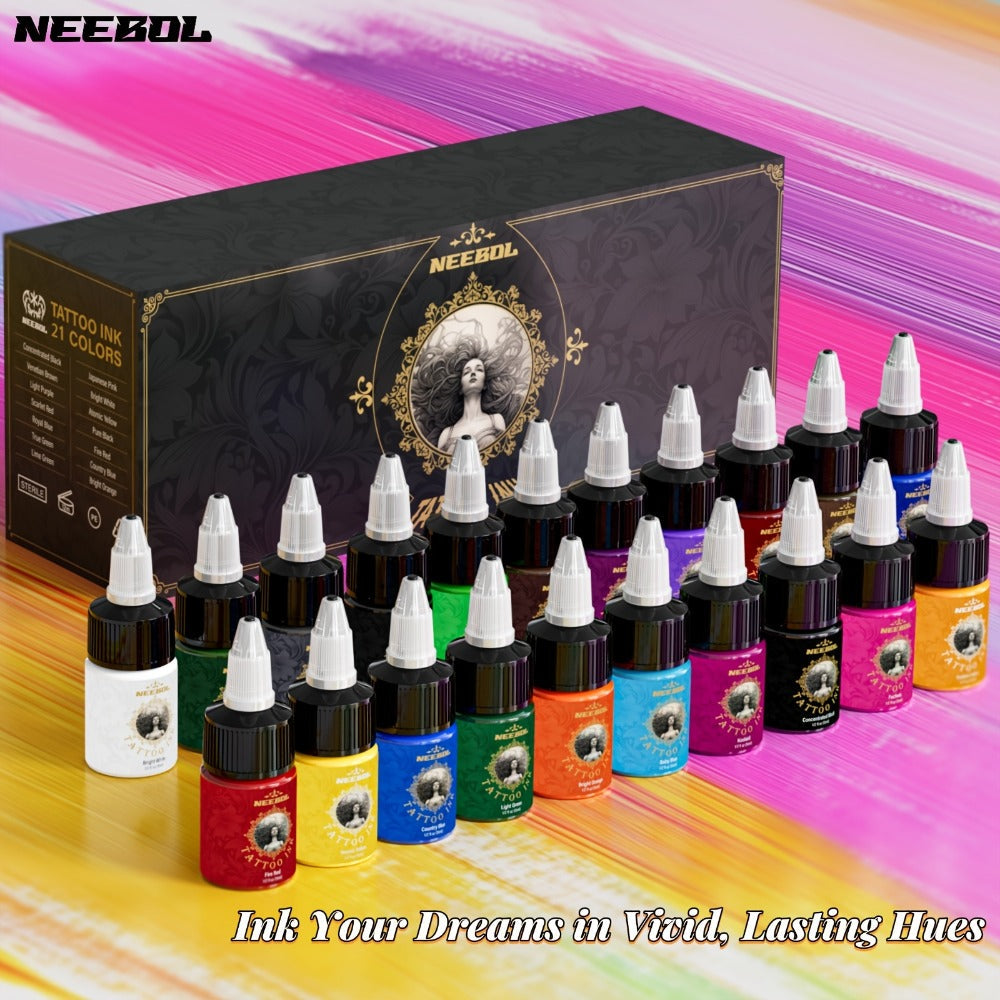 Tattoo Ink 14- or 21-Color Set with 0.5oz 15ml Bottles and Two Palette Choices for Color Selection