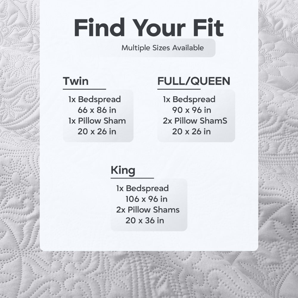 Floral-Pattern Three-Piece Bedspread Set in 16 Colors with Twin, Queen, King and California King Sizes