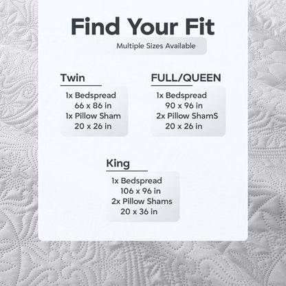 Floral-Pattern Three-Piece Bedspread Set in 16 Colors with Twin, Queen, King and California King Sizes