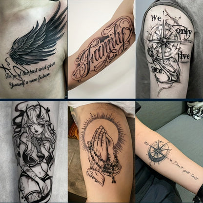 Temporary Tattoos, 6-Sheet Black Compass, Wings and Anchor Set with Large Body Art Designs