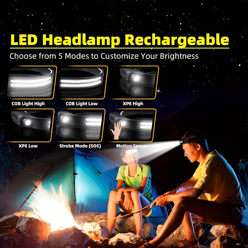 Three-Pack COB and LED Headlamps with 230° Beam, Five Modes, Motion Sensor and Six Hooks Included