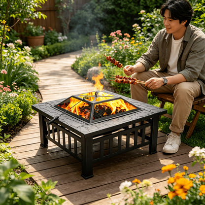 Black Square Fire Pit Table with Raised Mesh Cover, Perforated Side Panels and Wood-Burning Bowl