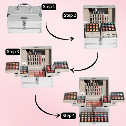 Portable Makeup Case Set with Fold-Out Color Palettes, Brush Collection and Silver or Leopard-Print Case Options