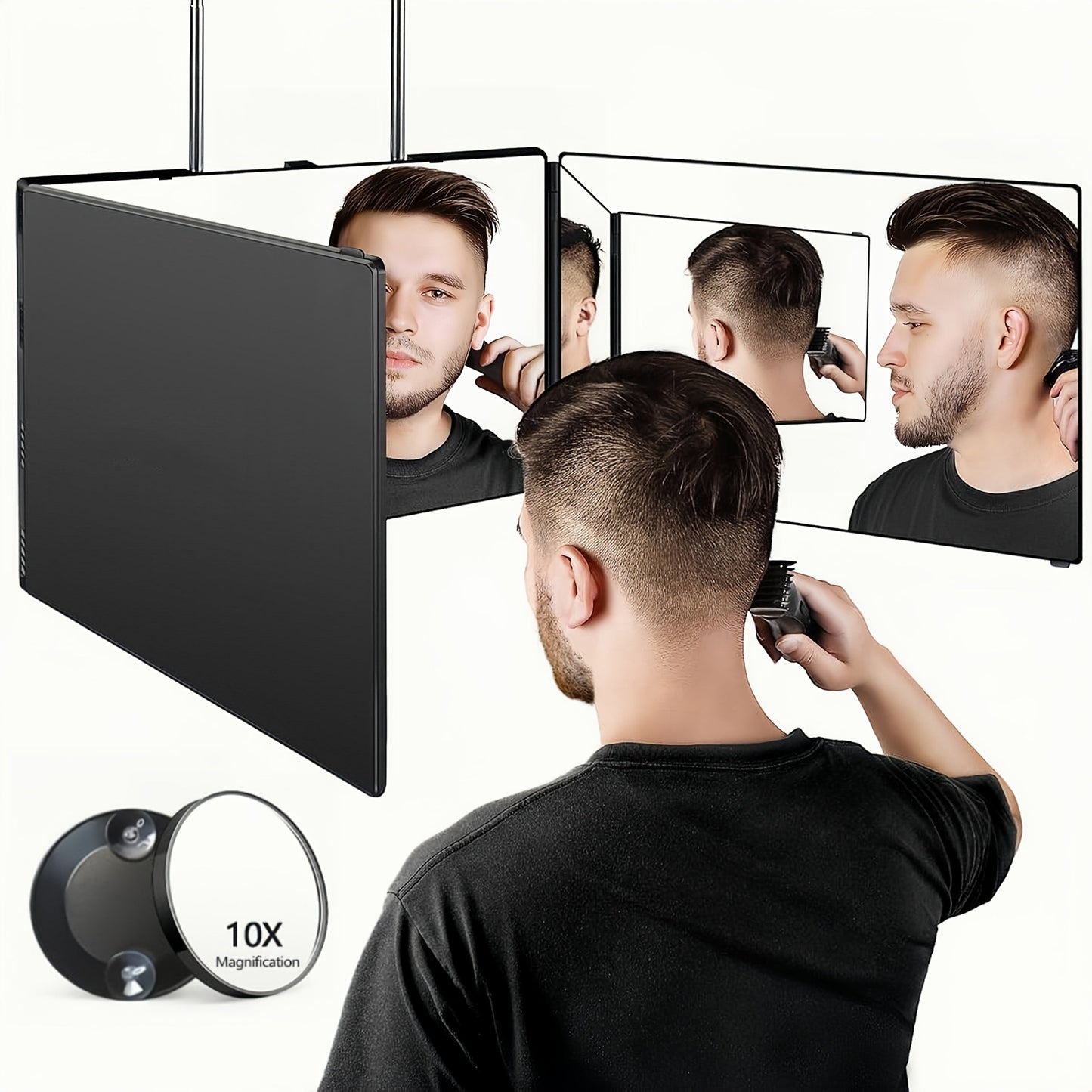 Self Hair Cutting Mirror 360° View 3-Way Anti-Fog HD Glass with 10X Magnifying Mirror – Height Adjustable Door Wall Table Mount DIY Home