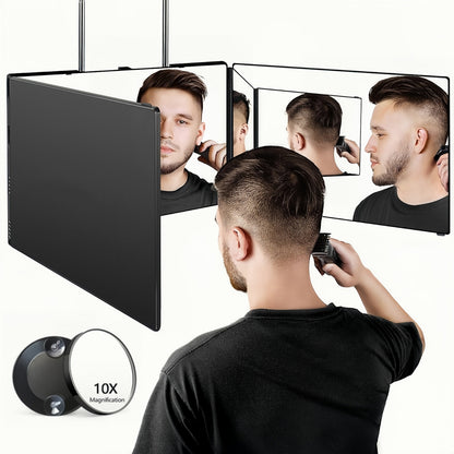 Self Hair Cutting Mirror 360° View 3-Way Anti-Fog HD Glass with 10X Magnifying Mirror – Height Adjustable Door Wall Table Mount DIY Home