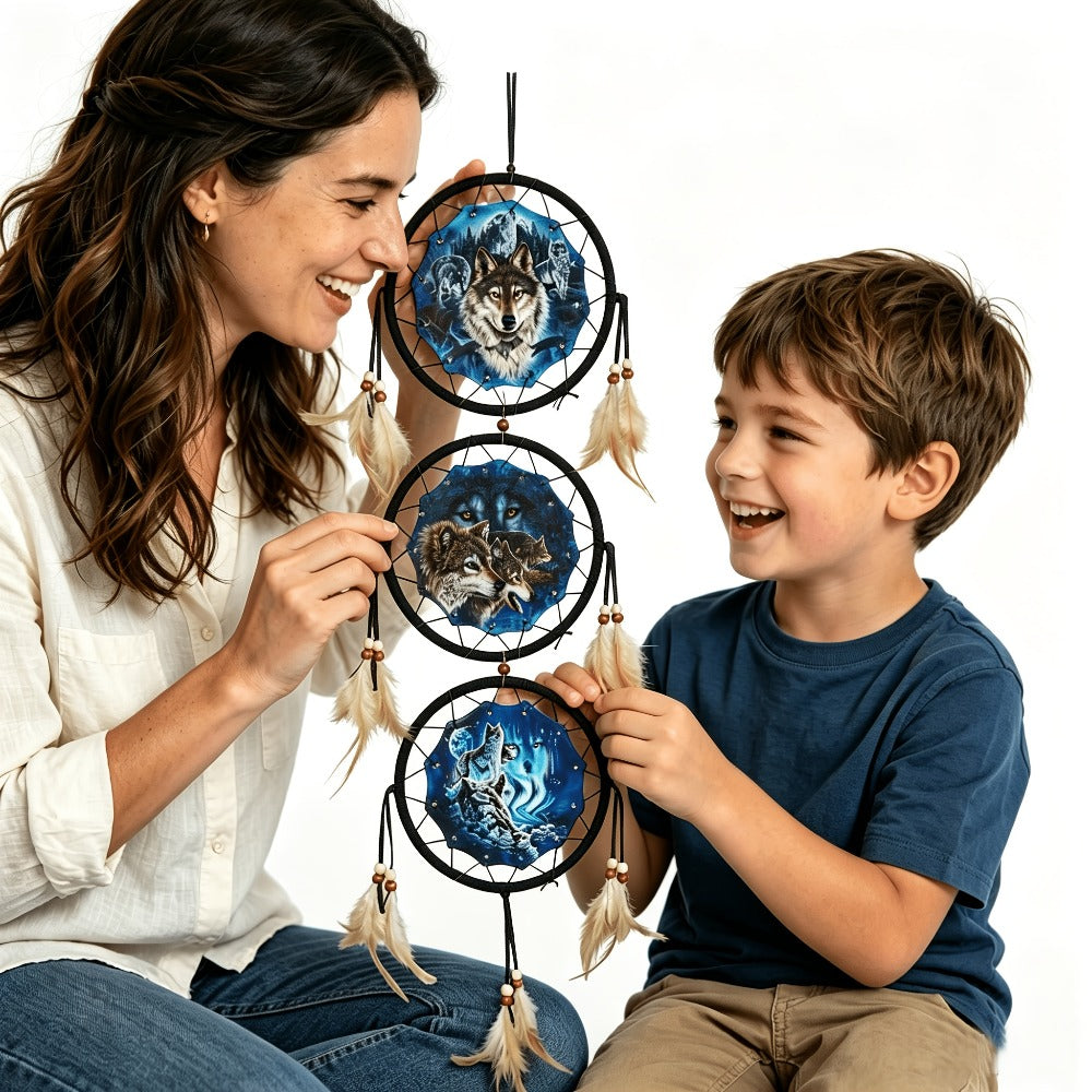 Wolf Dream Catcher Wall Decor with Three Printed Circles, Beads and Feather Accents in Two 6-Inch Styles