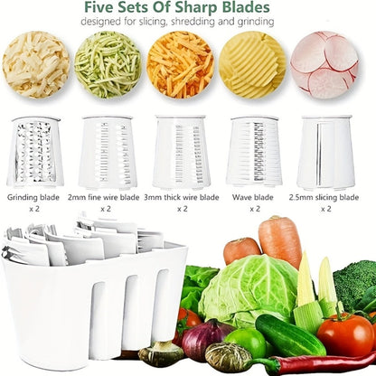 Rotary Cheese Grater with Interchangeable Blades, 5-in-1 Manual Vegetable Slicer Shredder Set, Suction Cup Base