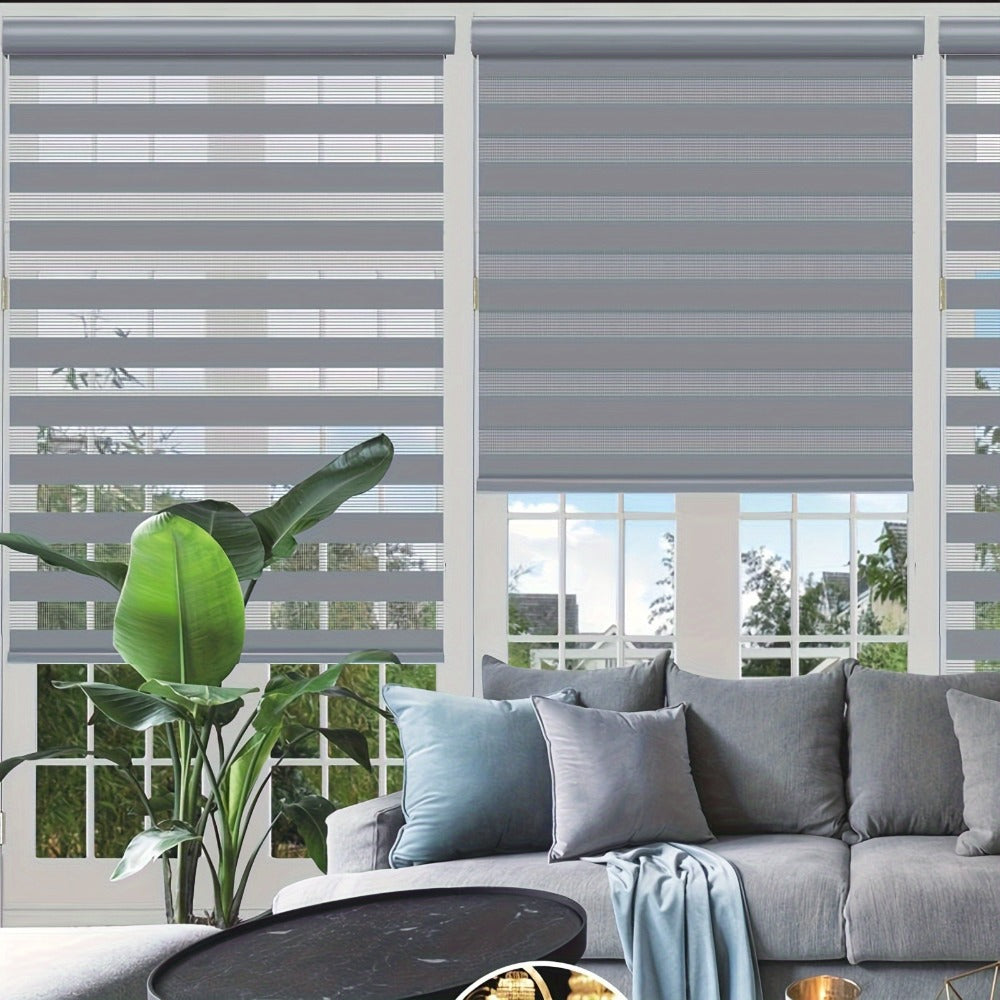 Cordless Zebra Roller Shade with Valance, Day Night Window Blind, Dual Layer Window Treatment Mesh Opaque Fabric