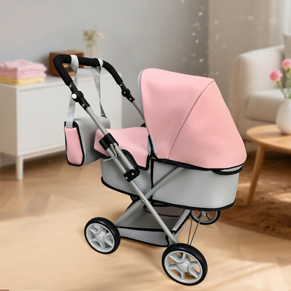 Foldable Doll Stroller with Adjustable Handle 39-68cm, Grey & Pink Baby Doll Pram for 16-20 Inch Dolls