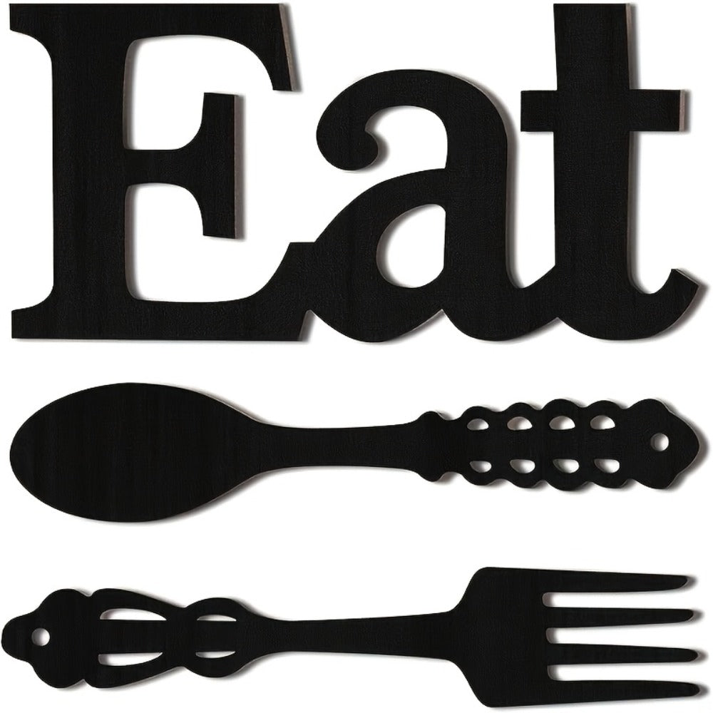 Black Wood EAT Kitchen Wall Decor, Three-Piece Set with Fork, Spoon and 13.8-Inch Letter Sign