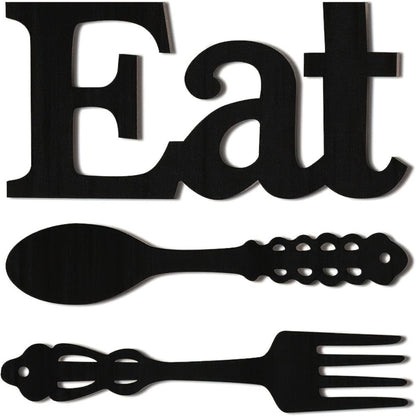 Black Wood EAT Kitchen Wall Decor, Three-Piece Set with Fork, Spoon and 13.8-Inch Letter Sign