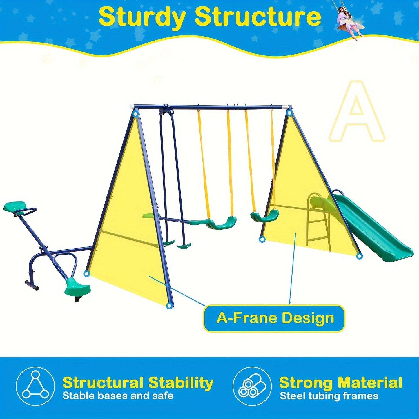 Heavy Duty A-Frame Metal Swing Set for Backyard with 2 Swings Slide Glider Seesaw Disc Seat Outdoor Playset for Kids Toddlers Backyard Play