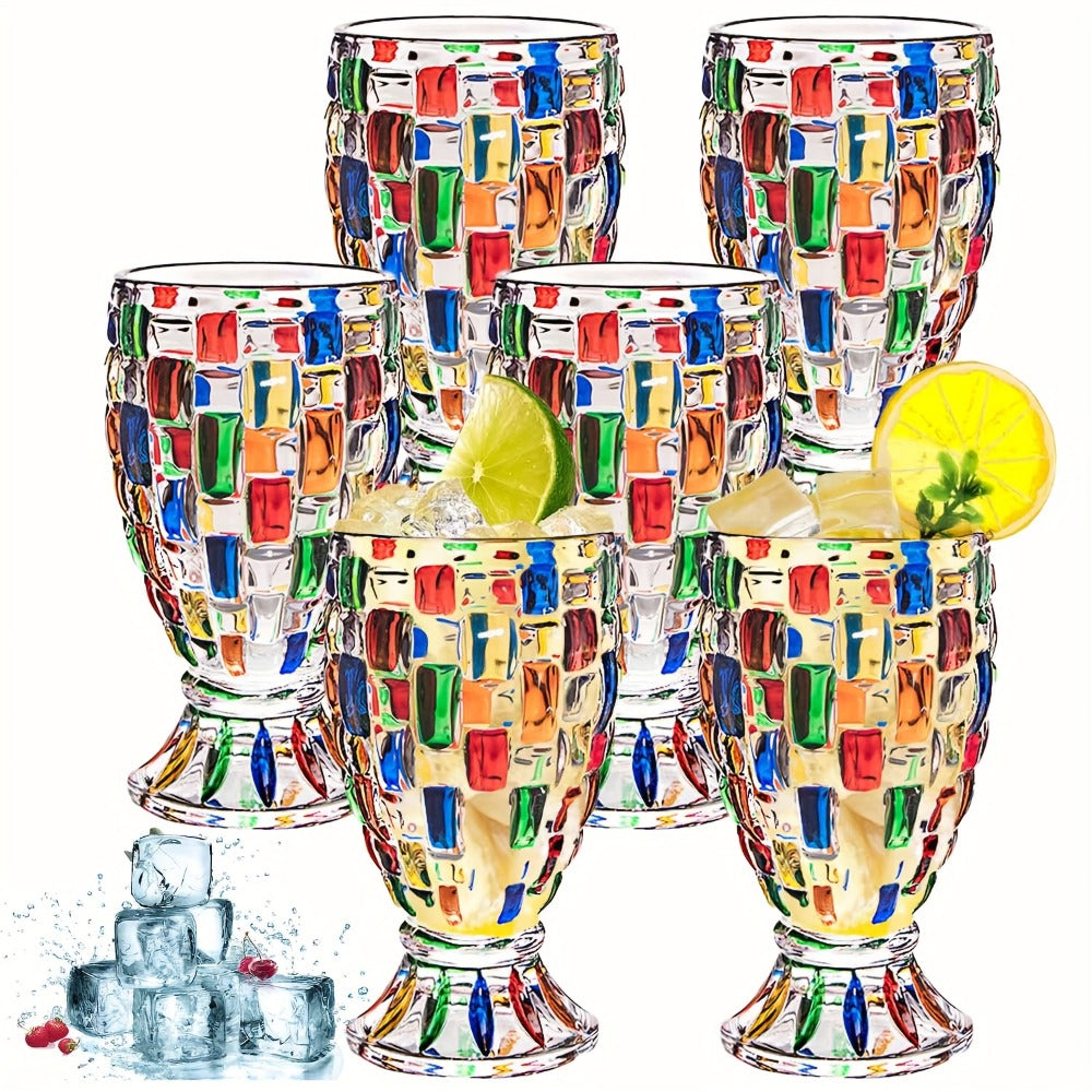 Mosaic-Pattern Drinking Glasses with Footed Bases, Two- or Six-Piece Colorful Goblet Sets for Table Settings