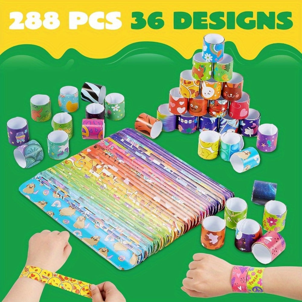 288 Pcs Slap Bracelets Party Favors Bulk Set, 36 Colorful Designs for Kids, Classroom Prizes, Goodie Bags