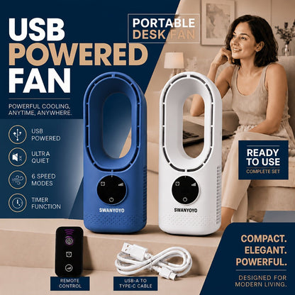 Portable Fan USB-Powered Bladeless Tower Model with Water Mist, Remote, Touch Controls and LED Light