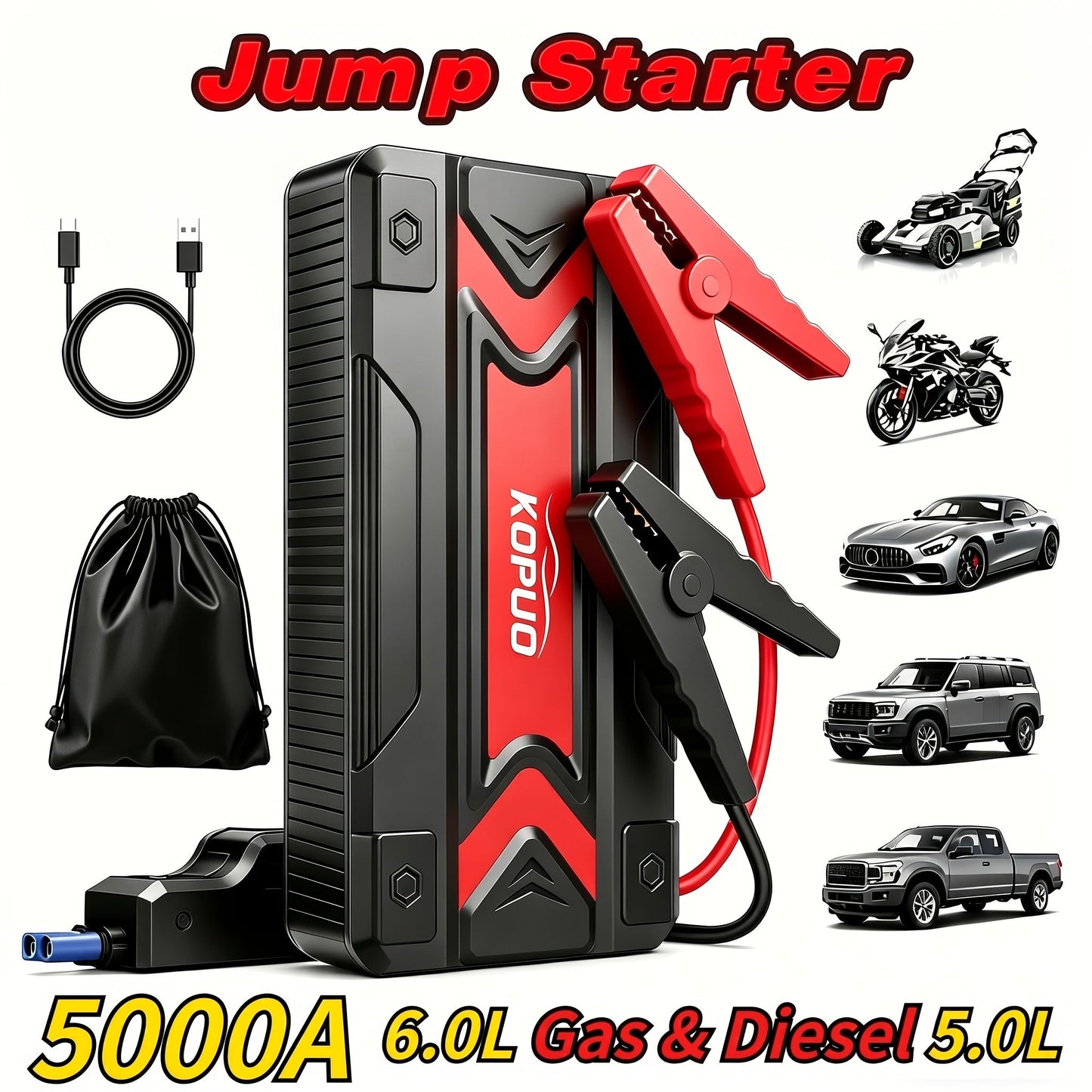 Car Jump Starter Power Bank 3-in-1 12V Battery Booster Charger LED Flashlight SOS for Cars Motorcycles for Garden, Patio and Yard Use