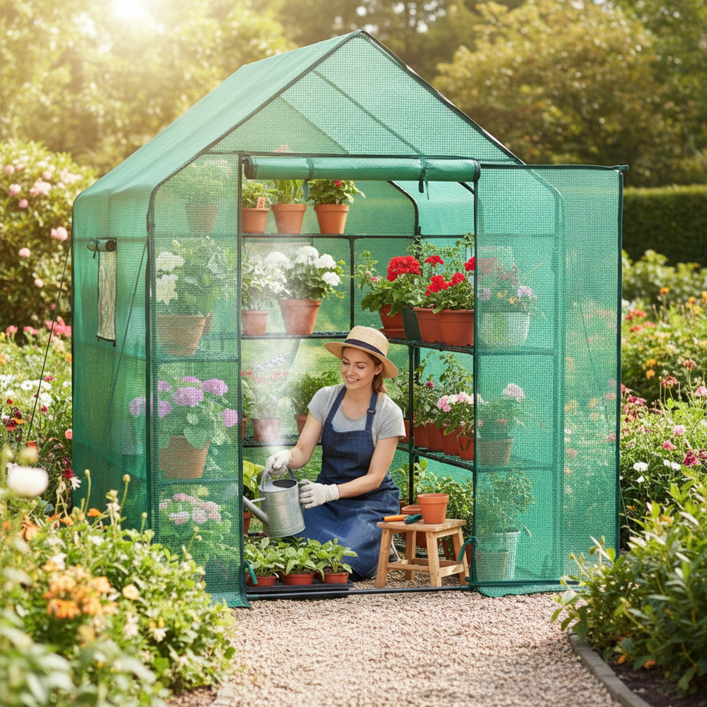 Walk-In Greenhouse Outdoor with Screen Windows, PE Cover, Portable Plant Shelter with Shelving Clips