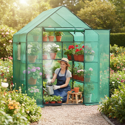 Walk-In Greenhouse Outdoor with Screen Windows, PE Cover, Portable Plant Shelter with Shelving Clips