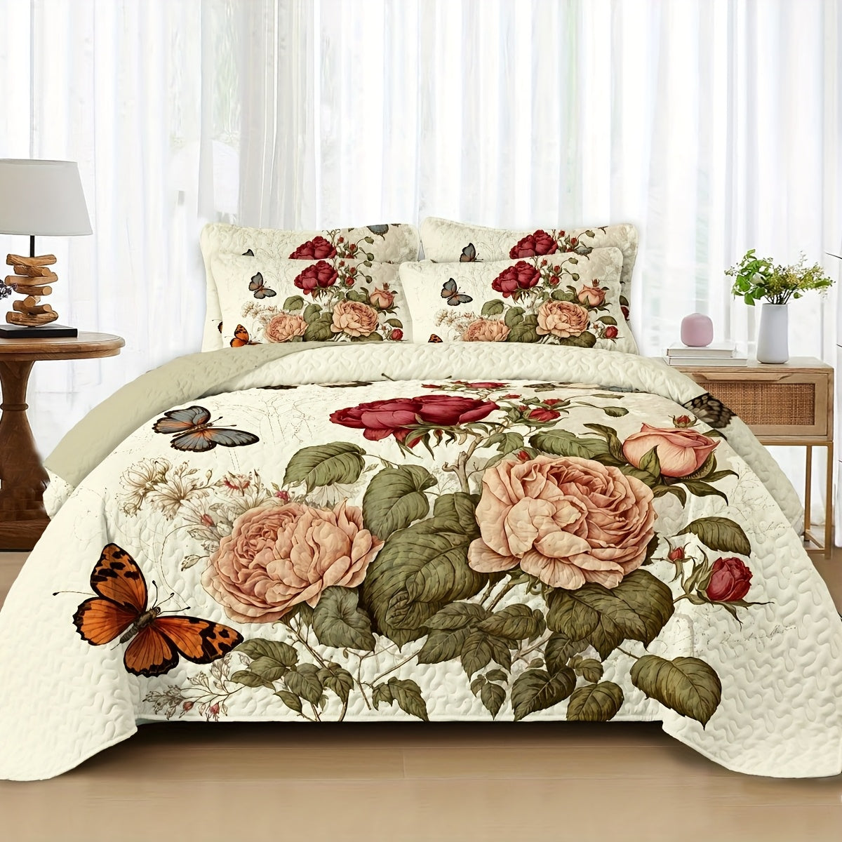 Boho Quilt Comforter Set Twin Full Queen King – Floral Bedding Lightweight Soft Microfiber Reversible Bedspread for Women Girls 2/3 Pcs