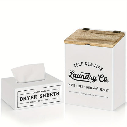 Magnetic Lint Holder & Dryer Sheet Dispenser 2-Pack, Farmhouse Wooden Lint Trash Can with Lid for Dryer
