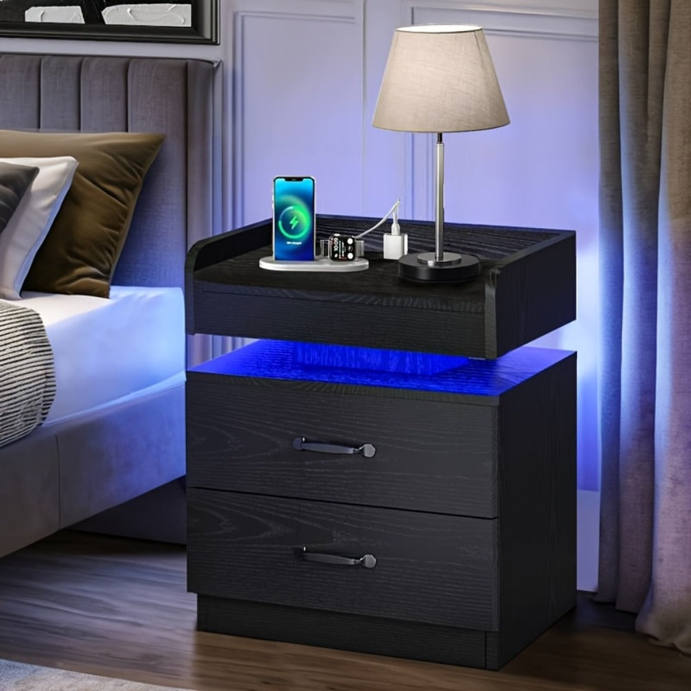 Wooden Nightstand with LED Ambient Light & Charging Station, Fabric Drawer, Blue Glow for an Everyday Personal Care Routine