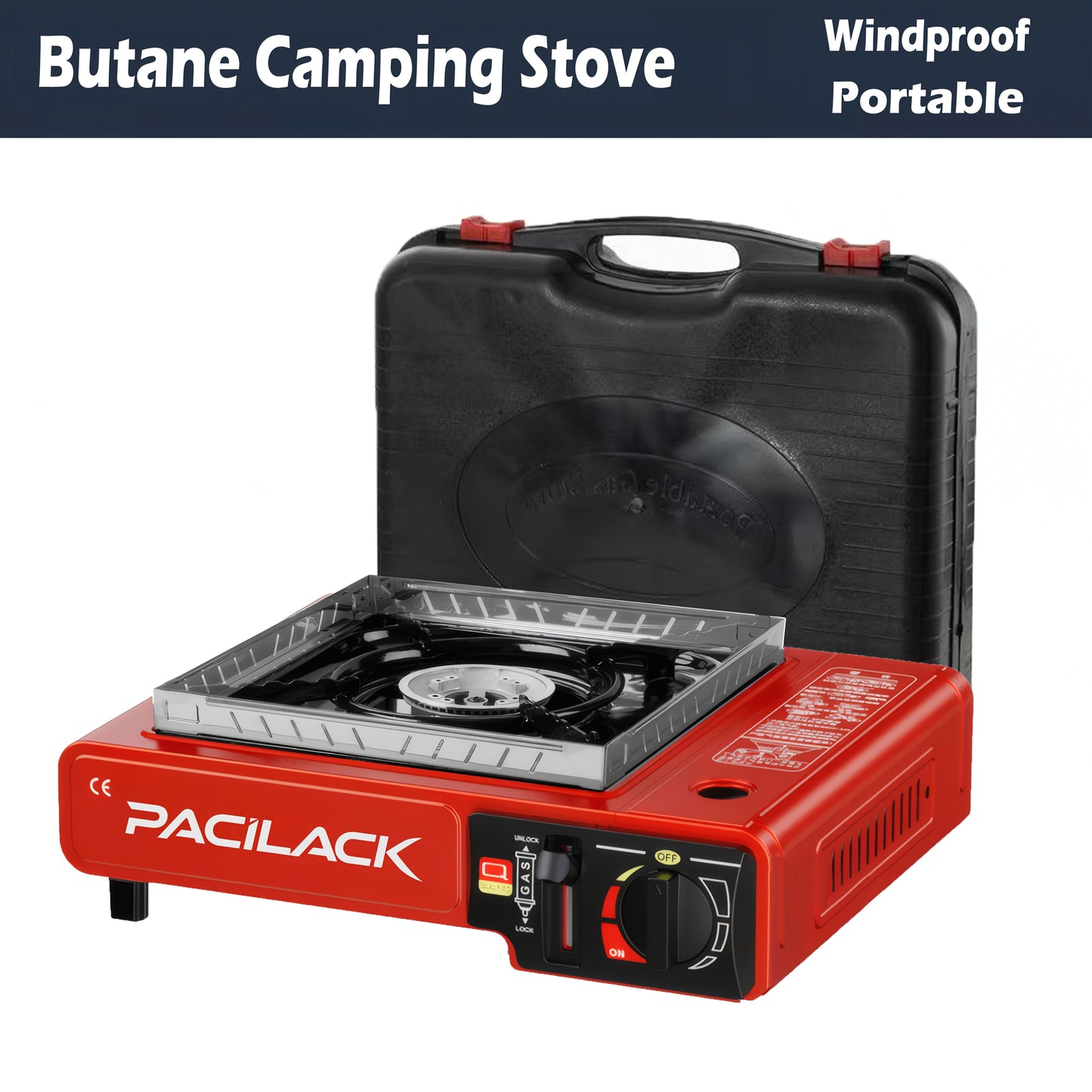 Portable Butane Tabletop Camping Stove in Black or Red with Carrying Case, Windscreen and 34 x 28 cm Base