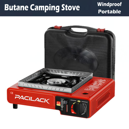 Portable Butane Tabletop Camping Stove in Black or Red with Carrying Case, Windscreen and 34 x 28 cm Base