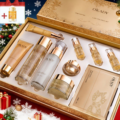 Skincare Set with OKADY Label, 10 Gold-Themed Pieces with Mud Mask Stick and Day Night Product Forms
