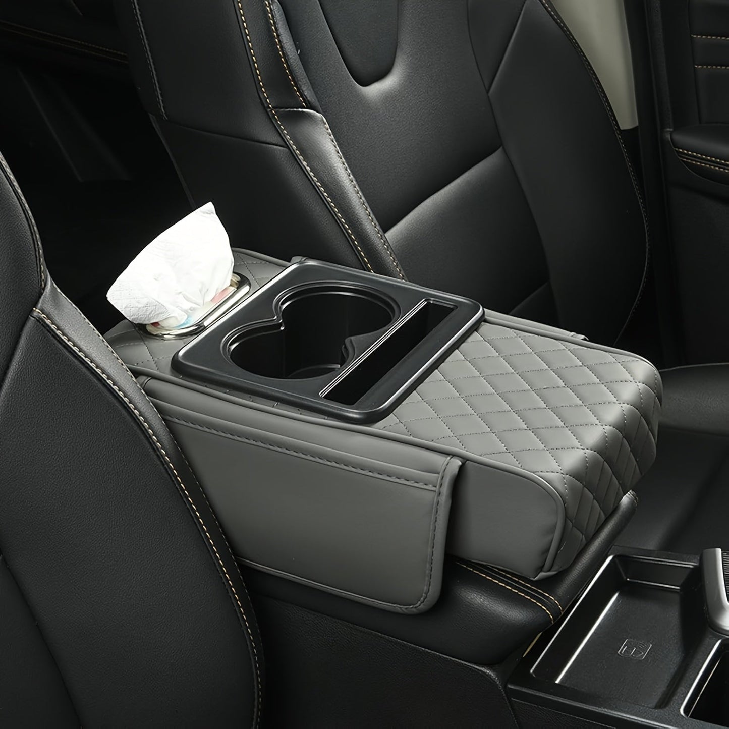 Center Console Armrest Organizer with Two Cup Holders, Tissue Slot, Side Pockets and Eight Color or Trim Options