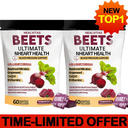 Beetroot Gummies with CoQ10, Grape Seed Extract & Multivitamins, Blood Pressure Support, Heart Health