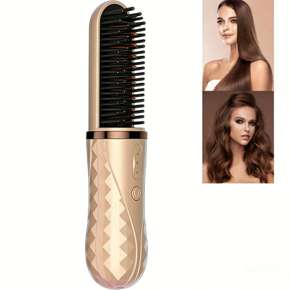Cordless Hair Straightener Brush with USB-C Charging, Three Temperature Settings and Pink or Beige Finish
