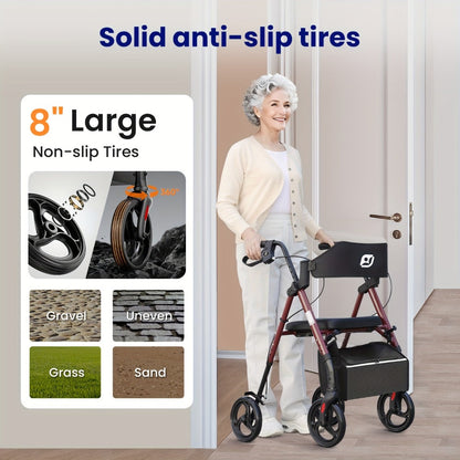 Rollator Walker for Seniors Foldable with 8-Inch Big Wheels, Durable Aluminum Rolling Walker with Backrest & Dual Adjustable Height