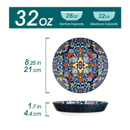 Bohemian Pasta Bowls Set of 6, 32 Oz Porcelain, Floral Pattern, Microwave &, VANCASSO for Entryways, Bedrooms and Living Spaces