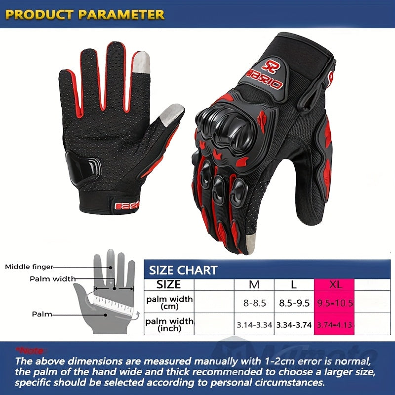Full-Finger Motorcycle Gloves with Segmented Knuckle Shell, Wrist Tabs, Black or Red in M to XL