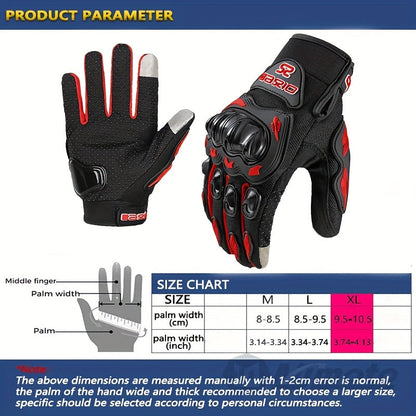 Full-Finger Motorcycle Gloves with Segmented Knuckle Shell, Wrist Tabs, Black or Red in M to XL