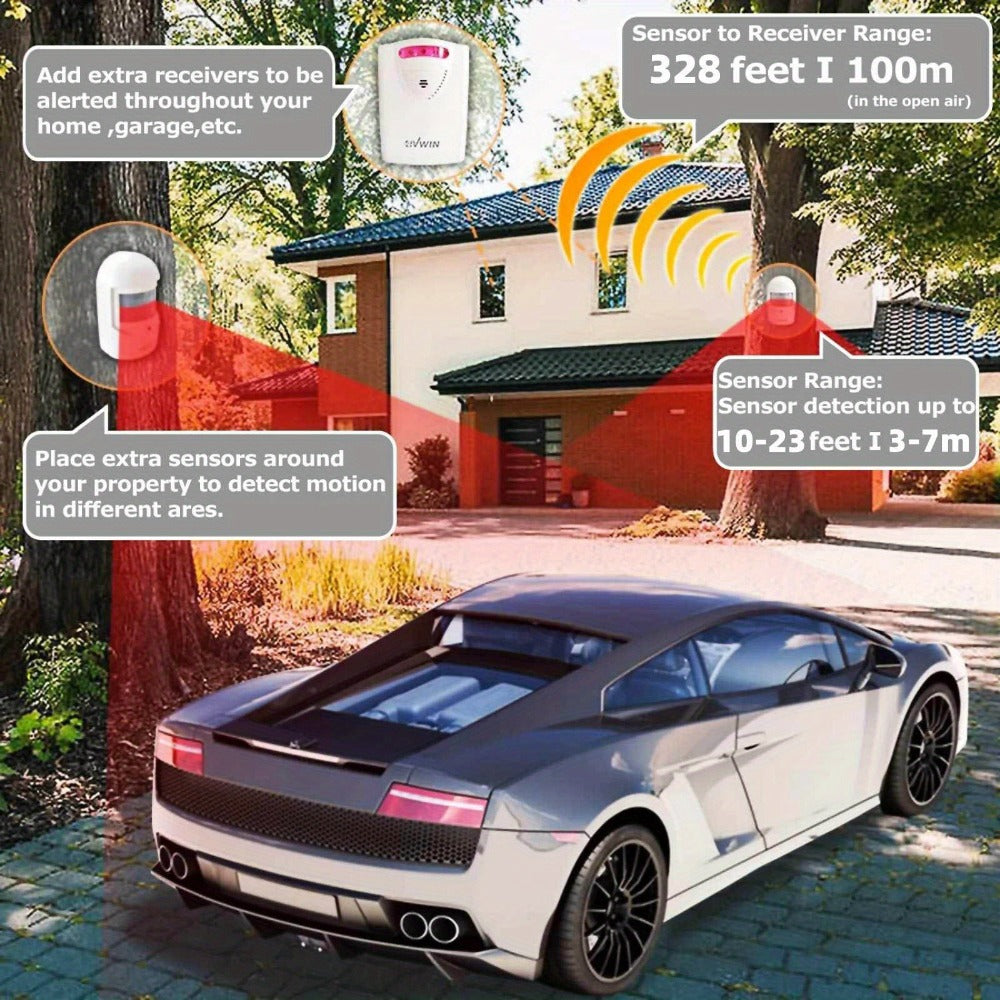 Wireless Driveway Alarm Motion Sensor, Infrared PIR Security Alert System 328ft Range 110dB Chime