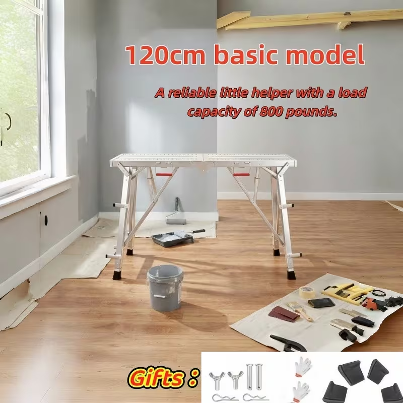 Aluminum Work Platform Height Adjustable Folding Portable Scaffold Bench Wide Base Safety Railing for Garden, Patio and Yard Use