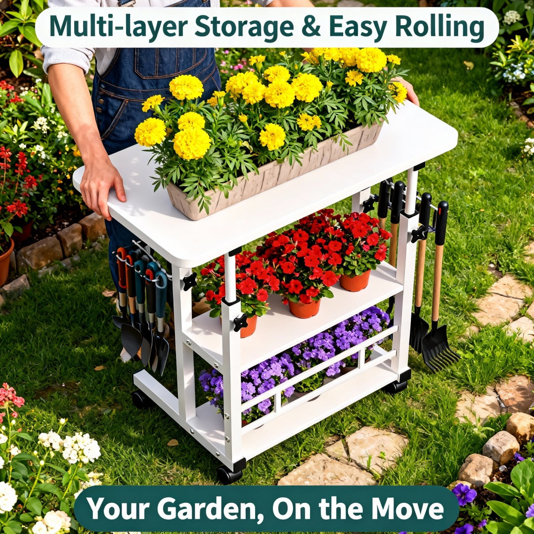 Garden Workbench, Adjustable Metal Potting Table Patio Outdoor Indoor for Garden, Patio and Yard Use