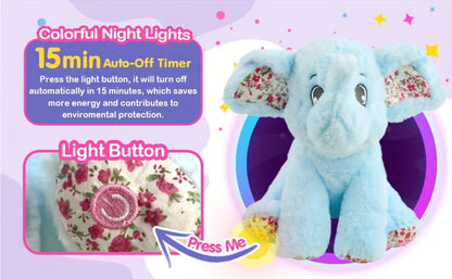 Plush Toy Blue Elephant with LED Glow and Optional Lullaby Music for Soft Room Display and Gifting