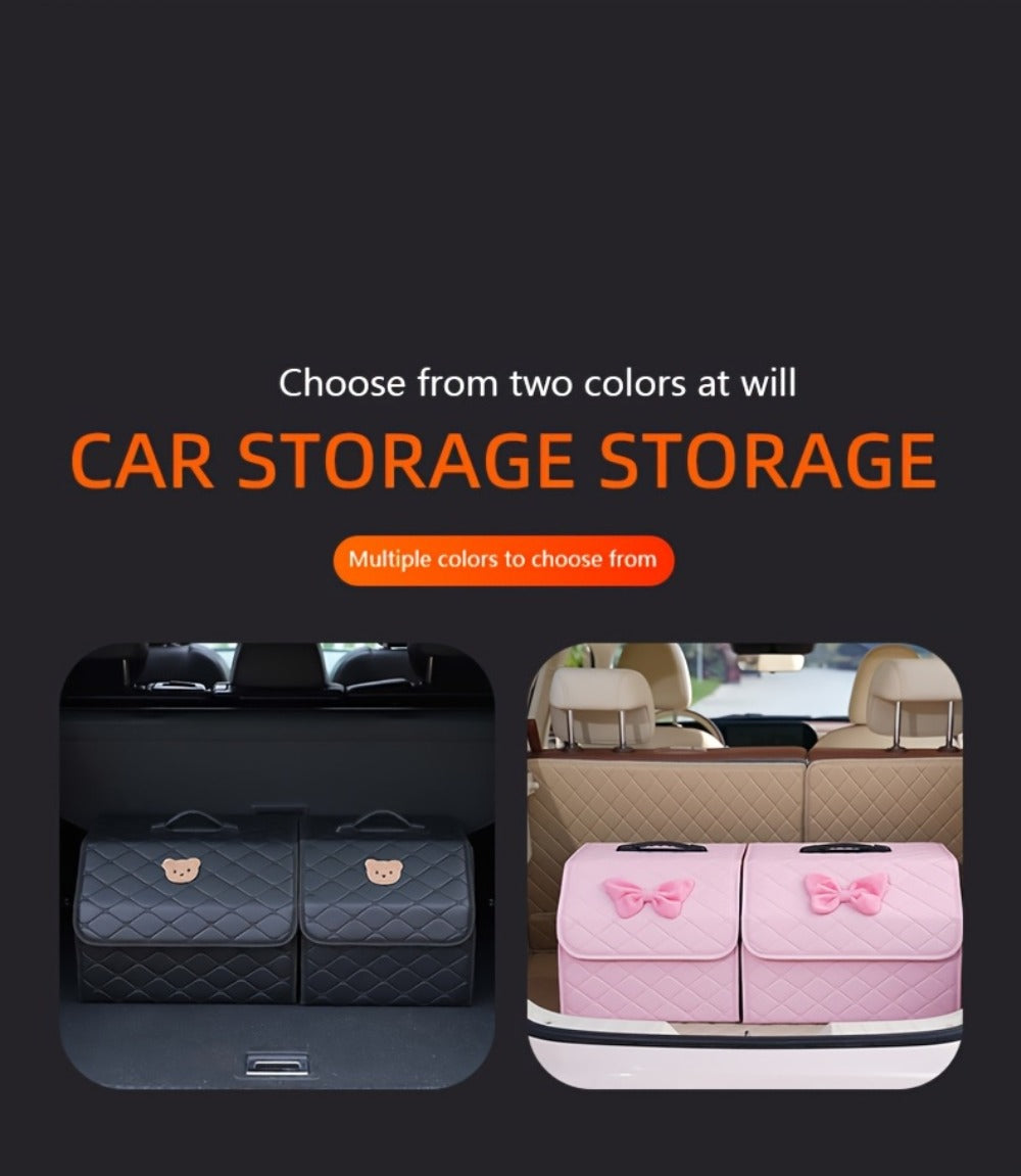 Car Trunk Organizer, Foldable Faux Leather Bow-Detail Box in 30L or 35L Size with Pink and Black Options