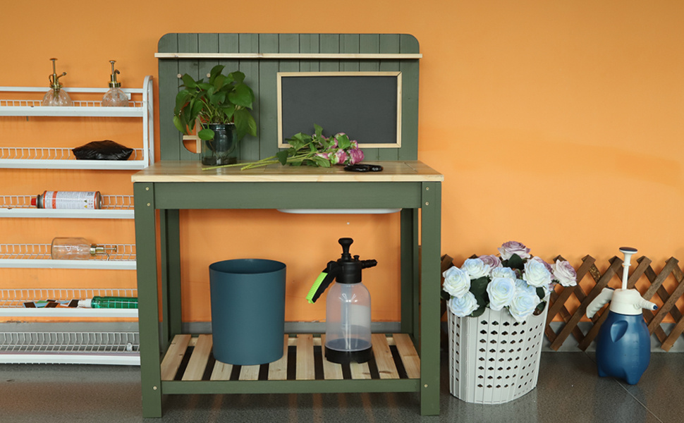 Potting Bench Table Cedar Wood Garden Workstation with Blackboard Removable Sink Hooks Double Shelf for Garden, Patio and Yard Use