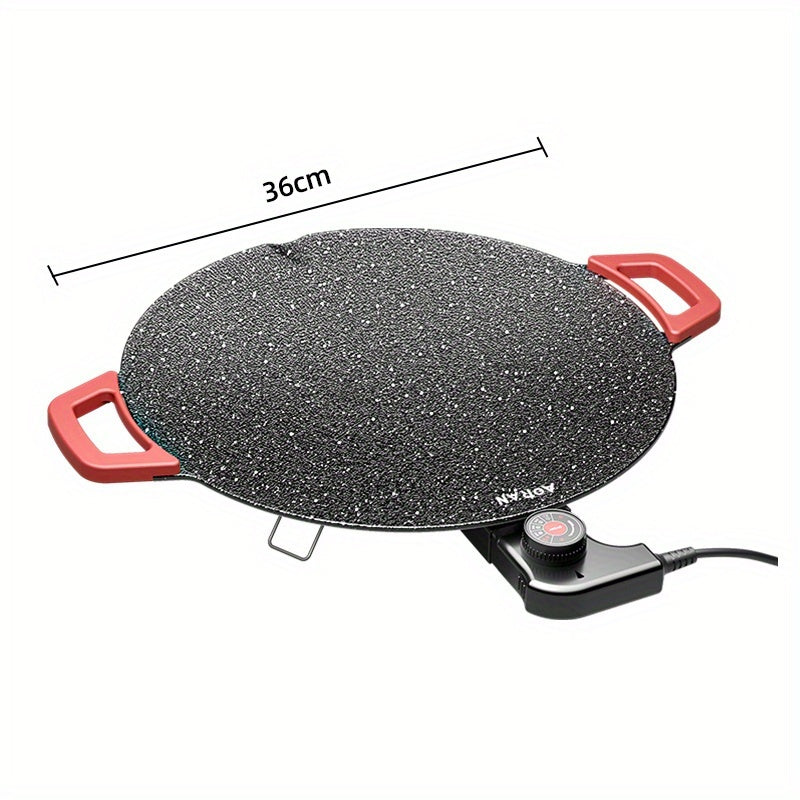 Korean BBQ Grill Pan, Round Non-Stick Multi-Functional Electric Grill Pan with Red Handle & Adjustable Settings