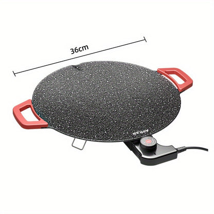 Korean BBQ Grill Pan, Round Non-Stick Multi-Functional Electric Grill Pan with Red Handle & Adjustable Settings