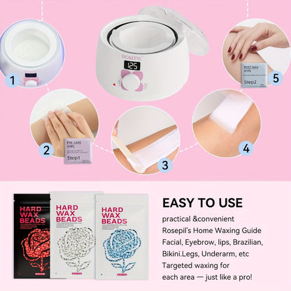 Wax Hair Removal Kit Digital Wax Pot with 6 Wax Bead Packets – Smart Temperature Control Salon-Grade Waxing Set for Body Bikini Face Legs