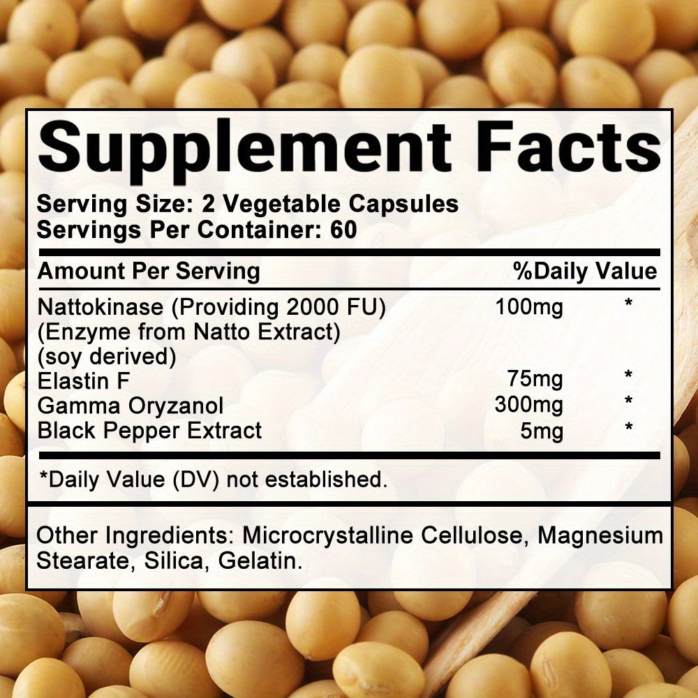 Nattokinase Supplement 120 or 240 Capsules, Gamma-Oryzanol Cardiovascular Formula for Heart Health