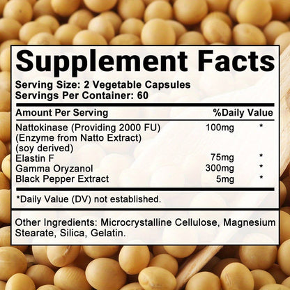 Nattokinase Supplement 120 or 240 Capsules, Gamma-Oryzanol Cardiovascular Formula for Heart Health