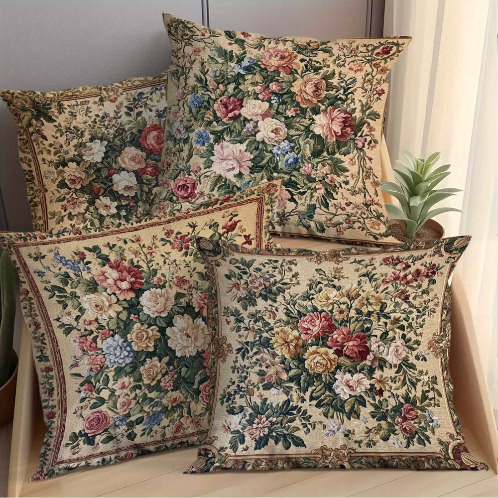Vintage Floral Pillow Covers Set of 4 Soft Cozy Cushion Cases with Zipper 18x18in Single-Sided Print for Living Room Bedroom Porch Patio Car