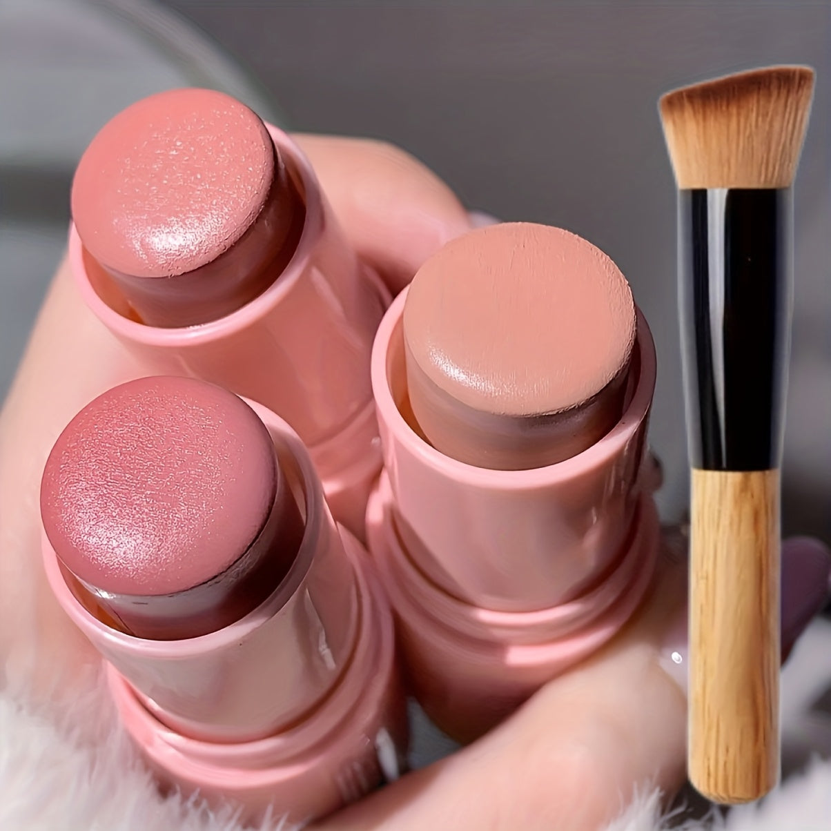 Matte Cream Blush Stick Set 3pcs Multifunctional, Waterproof Non-Greasy Formula, Blendable Color for Cheeks Lips & Eyes