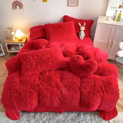 Plush Faux Fur Duvet Cover Set with Heart Pillow, Corner Ties and Twin, Queen or King Sizes in Eight Colors