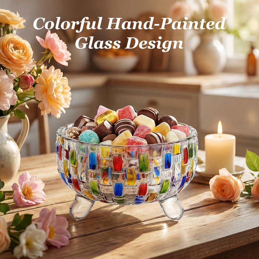 Crystal Glass Candy Dish with Lid & Tongs – Hand-Painted Colorful Candy Box, Jewelry Storage Jar, Christmas Gift for Family & Friends |